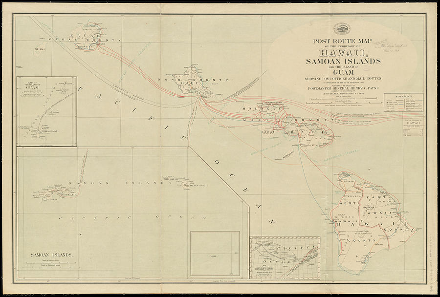 Vintage Hawaii Postage Route Map - 1903 Drawing