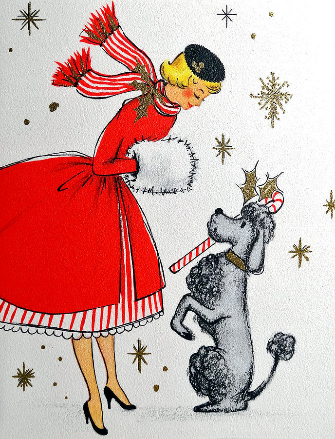 Vintage holiday postcard, woman with her dog Painting by Long Shot