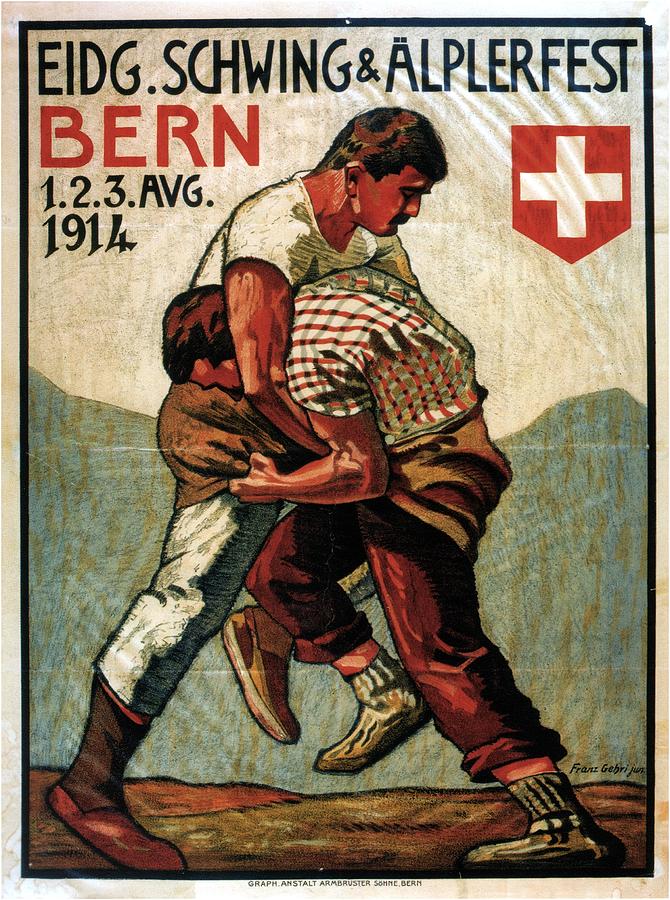 Vintage Illustrated Poster - Two Men Wrestling - Schwing and Alplerfest - Bern, Switzerland Painting by Studio Grafiikka