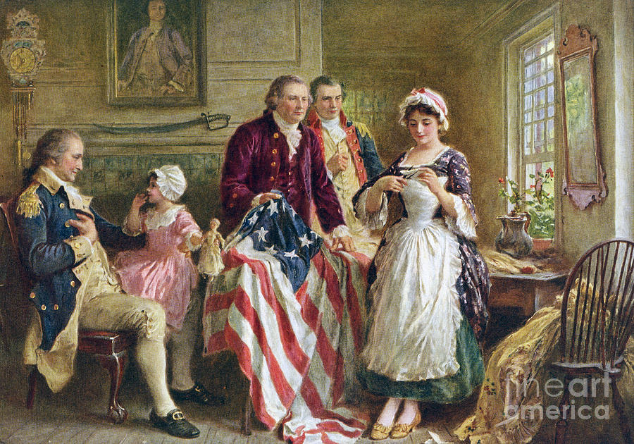Vintage illustration of George Washington watching Betsy Ross sew the American flag Painting by American School