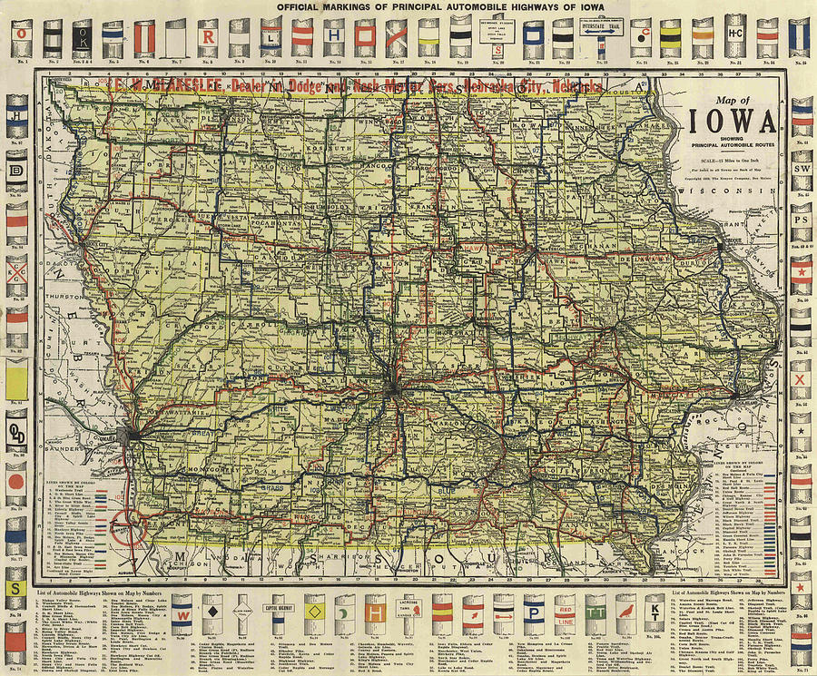 Vintage Iowa Automobile Map - 1919 Drawing