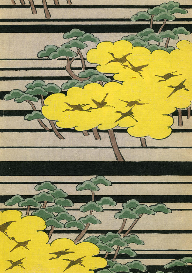 Crane Painting - Vintage Japanese illustration of an abstract forest landscape with flying cranes by Japanese School
