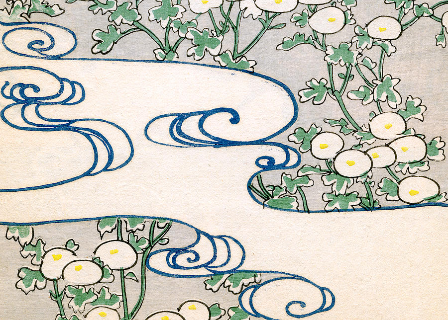 Vintage Japanese illustration of Blooming Vines and Wave Pattern Painting by Japanese School