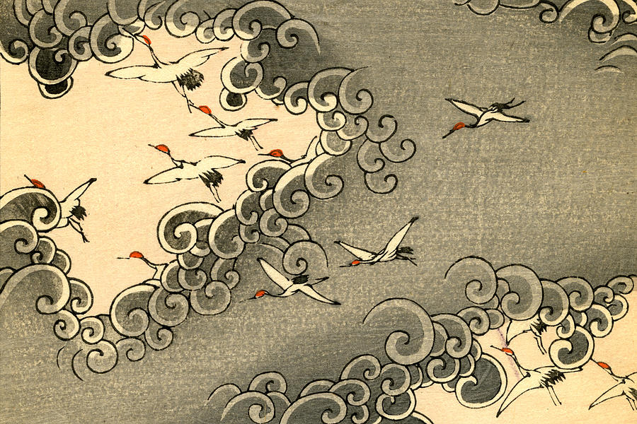 Crane Painting - Vintage Japanese illustration of cranes flying in grey clouds  by Japanese School