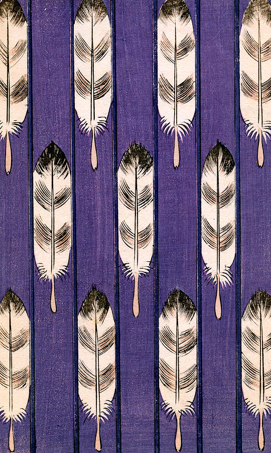 Vintage Japanese illustration of feathers on a lavender background Painting by Japanese School