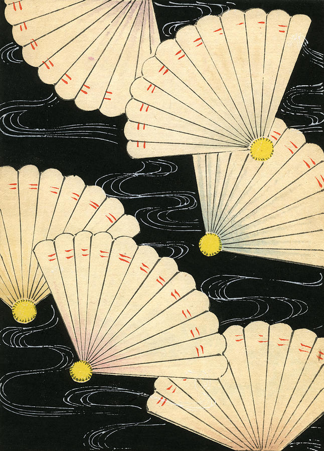 Vintage Japanese woodblock print of White Fans on a Black Background Painting by Japanese School