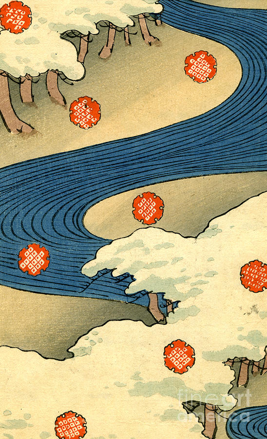 Winter Painting - Vintage Japaneses illustration of falling snowflakes in an abstract winter landscape by Japanese School