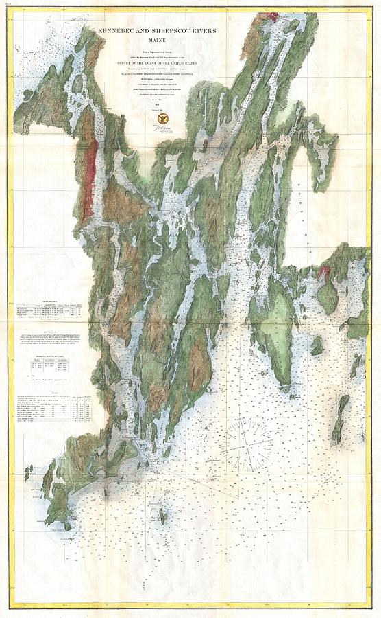 Coastal Maine Drawing - Vintage Kennebec and Sheepscot River Map - 1862 by CartographyAssociates