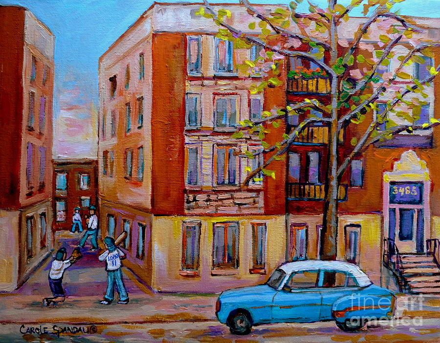 Vintage Laneway Baseball Game Montreal Memories Classic Chevrolet Canadian Painting Carole Spandau   Painting by Carole Spandau