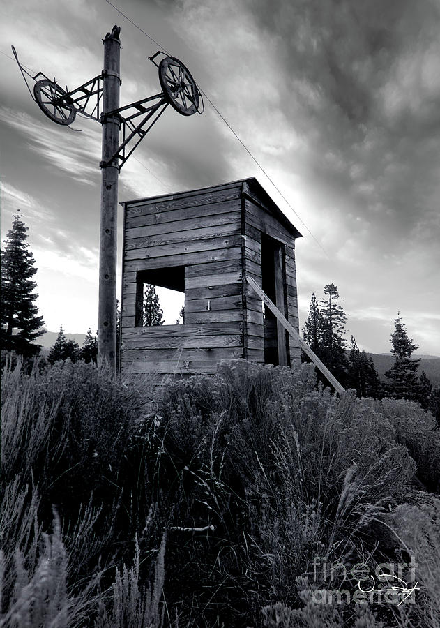 Black And White Photograph - Vintage Lift Shack Truckee California by Vance Fox