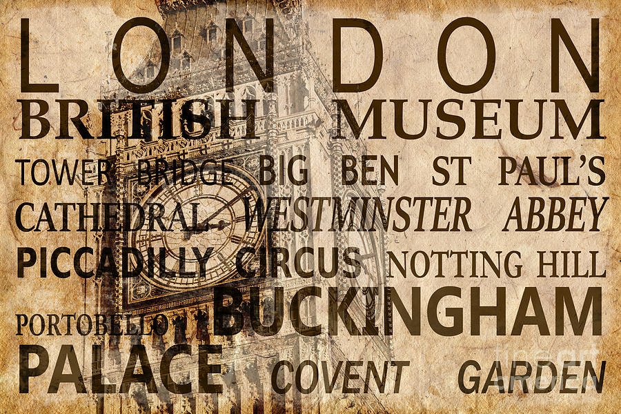 Vintage London landmarks collage,  sepia Photograph by Delphimages London Photography