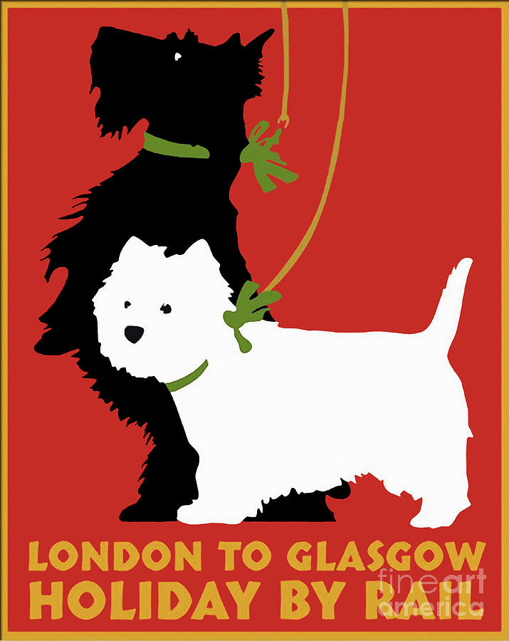 Vintage London to Glasgow by rail terrier dogs travel poster Painting by Tina Lavoie