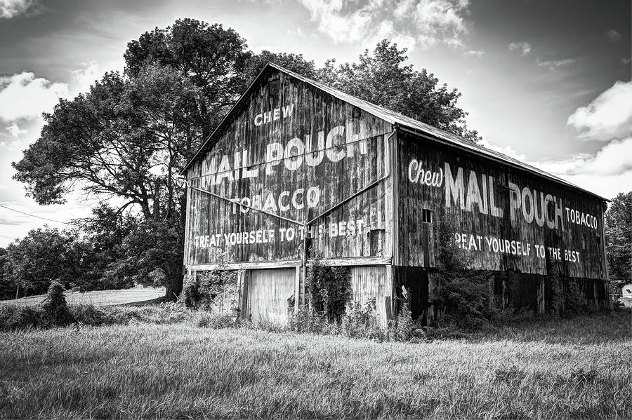 Black And White Photograph - Vintage Mail Pouch Tobacco Barn - Black and White Edition by Gregory Ballos