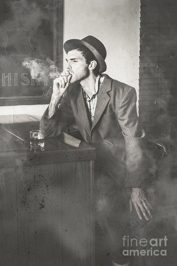 Vintage Man In Hat Smoking Cigarette In Jazz Club Photograph