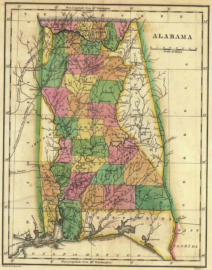 Vintage Map Of Alabama - 1822 Drawing