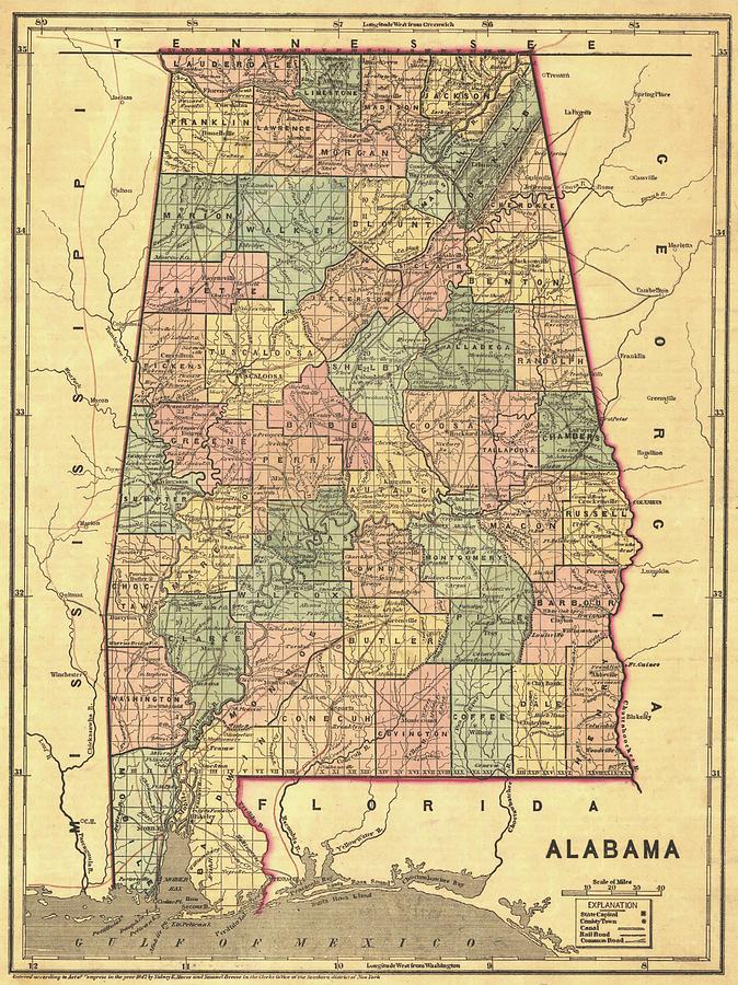 Vintage Map of Alabama - 1848 Drawing by CartographyAssociates - Fine ...