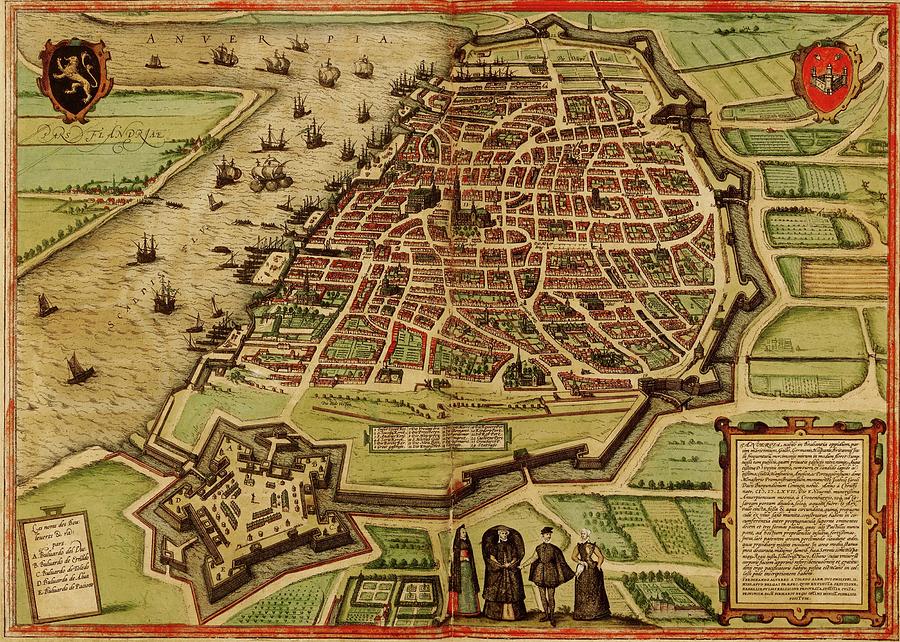Vintage Map Of Antwerp Belgium - 1572 Drawing