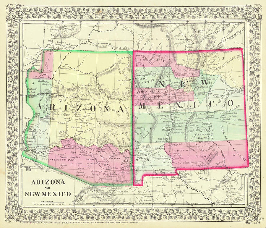 Vintage Map Of Arizona And New Mexico 1867 Cartographyassociates 