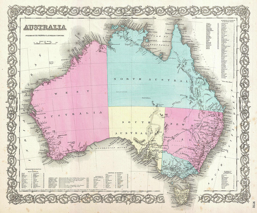 Vintage Map Of Australia - 1855 Drawing