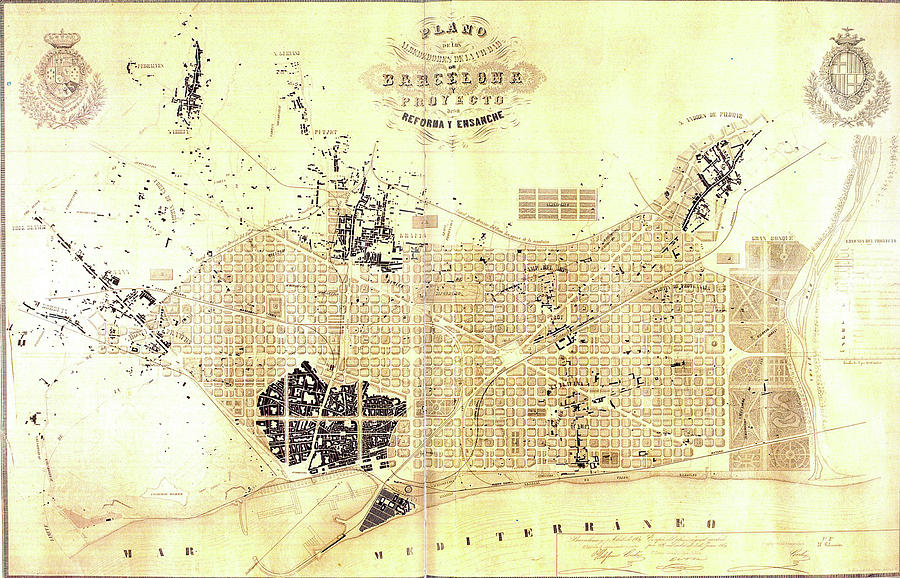Vintage Map Of Barcelona Spain - 1859 Drawing