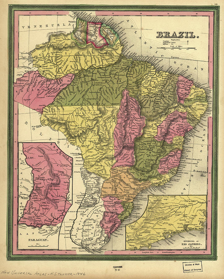 Vintage Map Of Brazil - 1846 Drawing