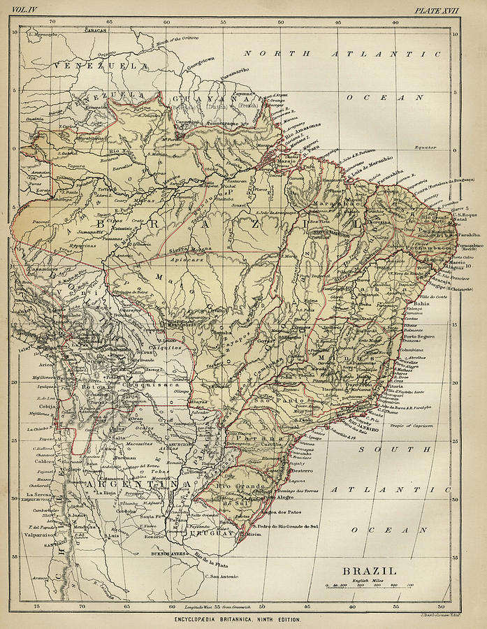 Vintage Map Of Brazil - 1889 Drawing