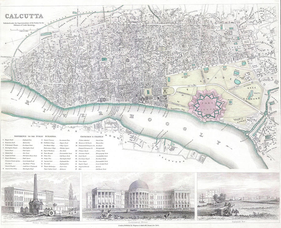 Vintage Map Of Calcutta India - 1842 Drawing