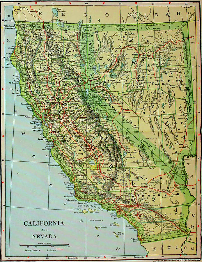 Vintage Map Of California And Nevada - 1905 Drawing