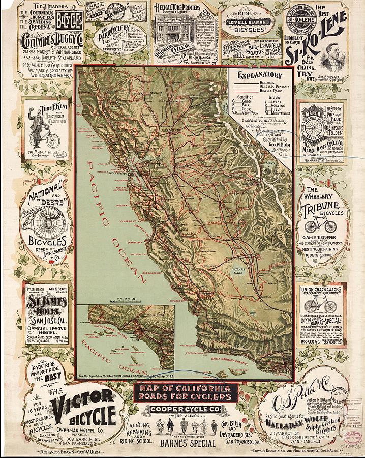 Vintage Map of California Roads for Cyclers 1890 with old retro cycle adverts around the outskirts  Painting by Vintage Collectables