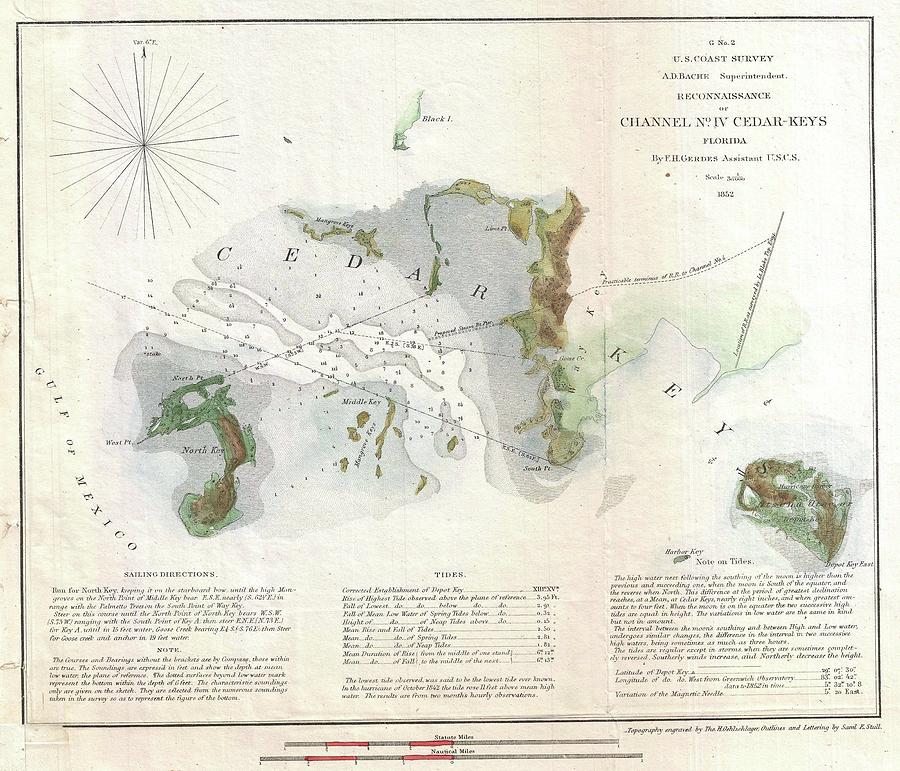 Cedar Key Drawing - Vintage Map of Cedar Key Florida - 1852 by CartographyAssociates