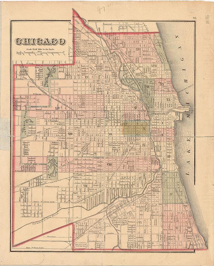 Vintage Map Of Chicago Illinois - 1876 Drawing