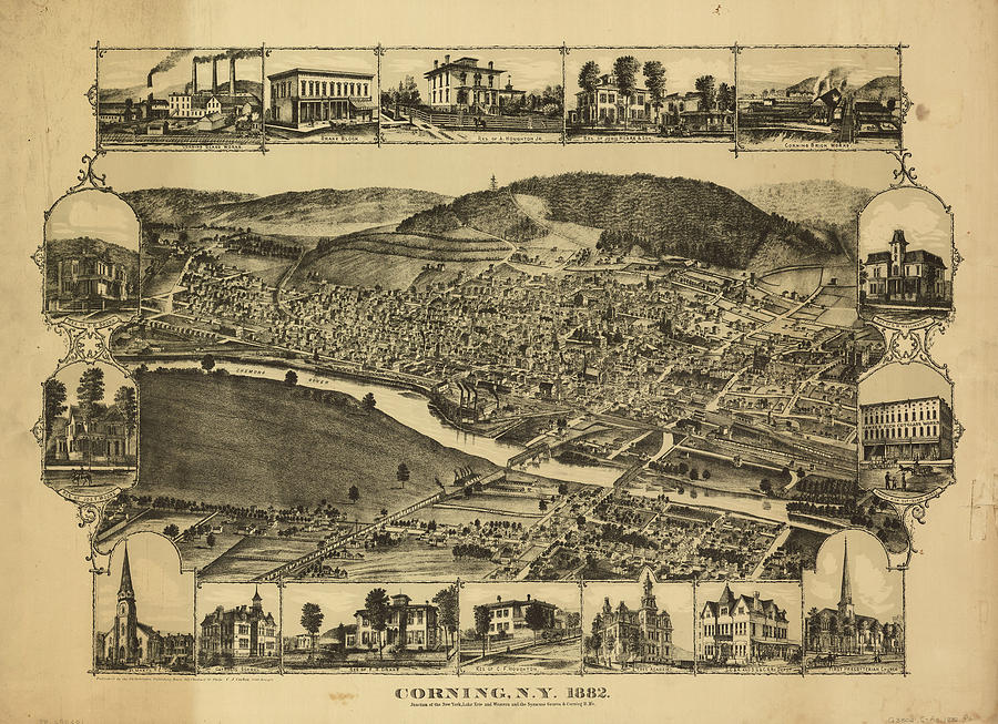 Vintage Map Of Corning New York - 1882 Drawing