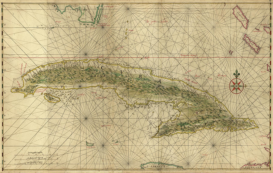Vintage Map Of Cuba - 1639 Drawing
