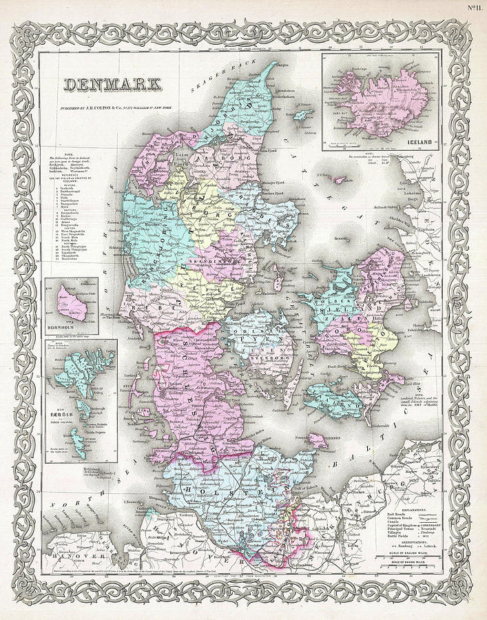 Vintage Map Of Denmark - 1855 Drawing
