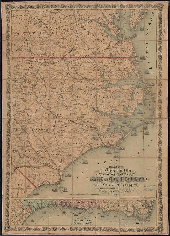 Vintage Map Of Eastern North Carolina - 1862 Drawing