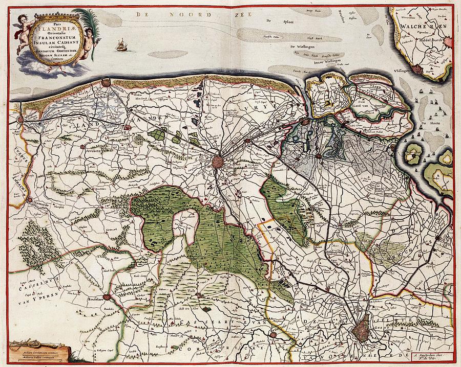 Vintage Map Of Flanders Belgium - 17th Century Drawing