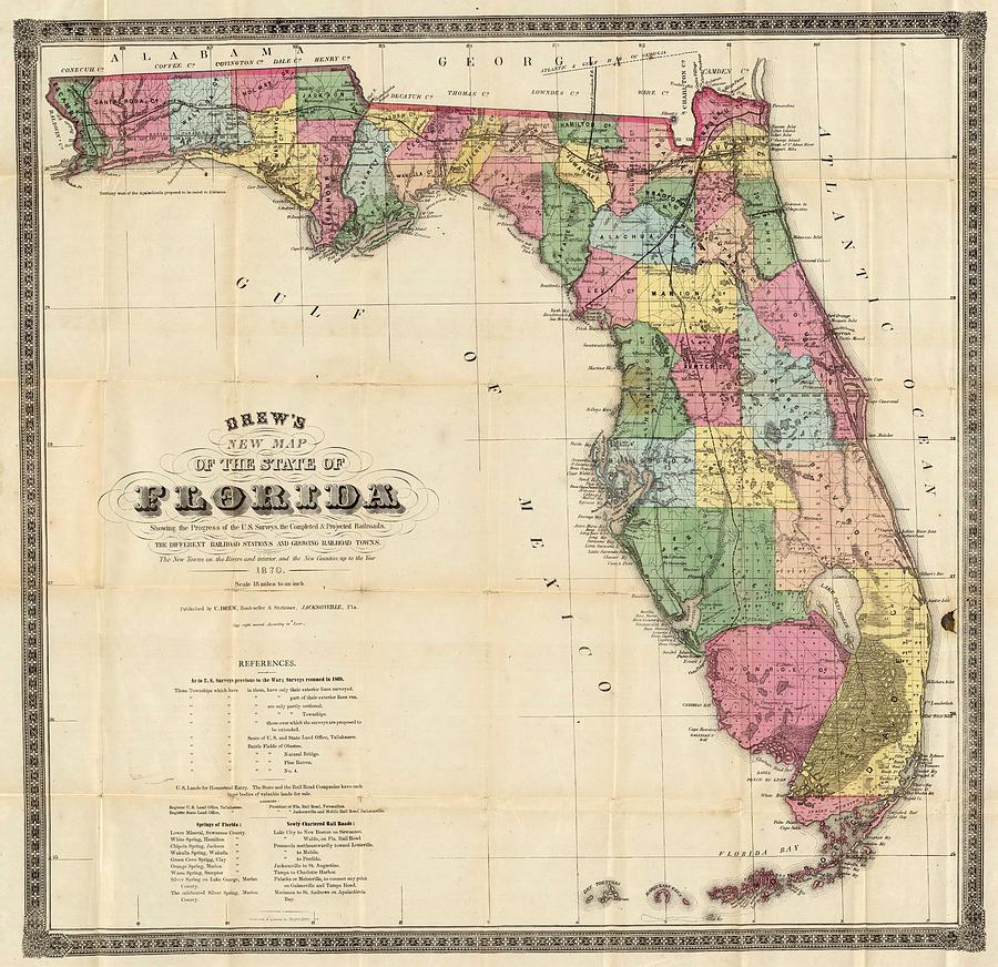 Vintage Map Of Florida 1870 Drawing By Cartographyassociates