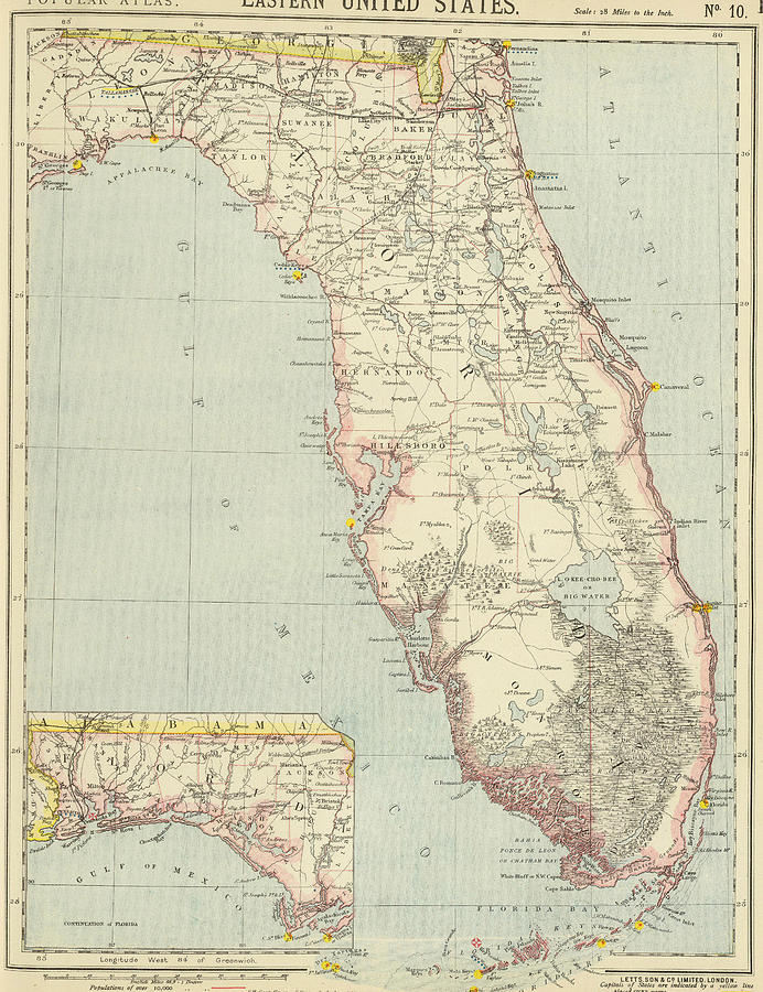 Vintage Map Of Florida 1883 Drawing By Cartographyassociates