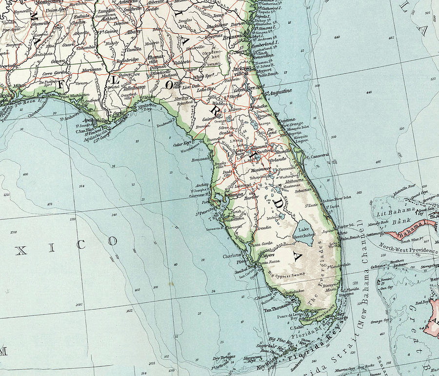 Vintage Map Of Florida - 1900 Drawing