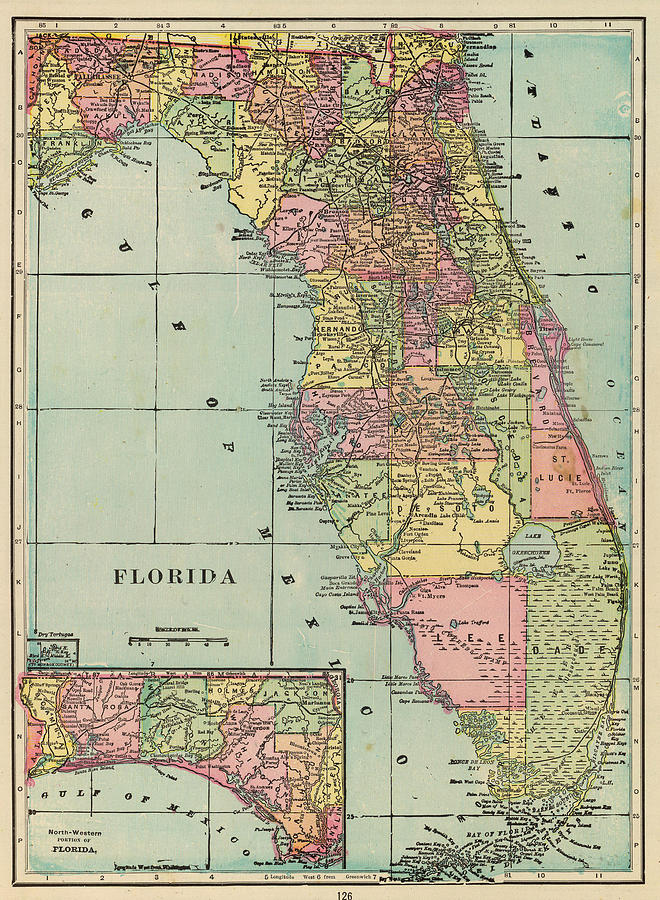 Vintage Map of Florida - 1909 Drawing by CartographyAssociates | Fine ...