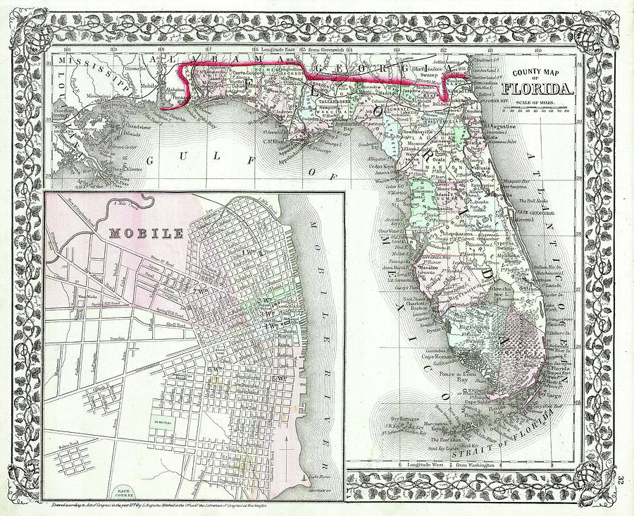 Florida Map Drawing - Vintage Map of Florida and Mobile AL - 1874 by CartographyAssociates