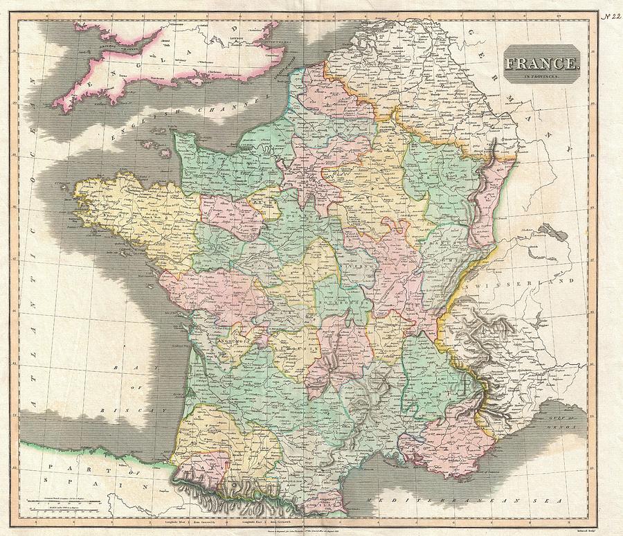Vintage Map Of France - 1814 Drawing