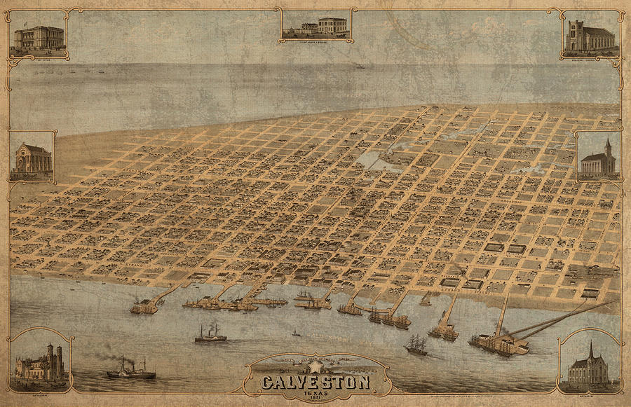 Vintage Mixed Media - Vintage Map of Galveston Texas 1871 Birds Eye Street View  by Design Turnpike