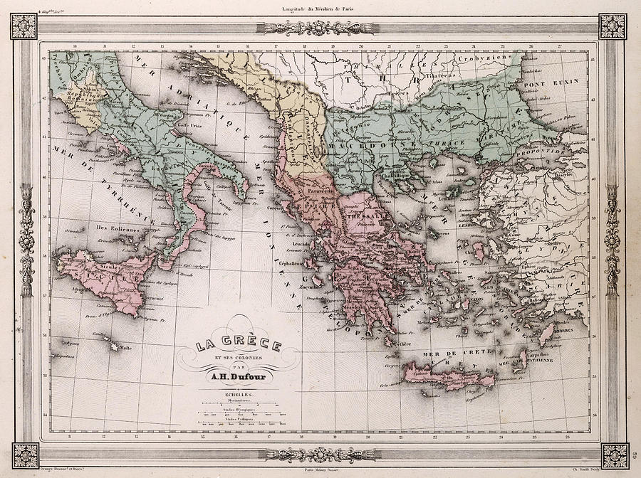 Vintage Map Of Greece Vintage Map of Greece and Italy   1852 Drawing by 