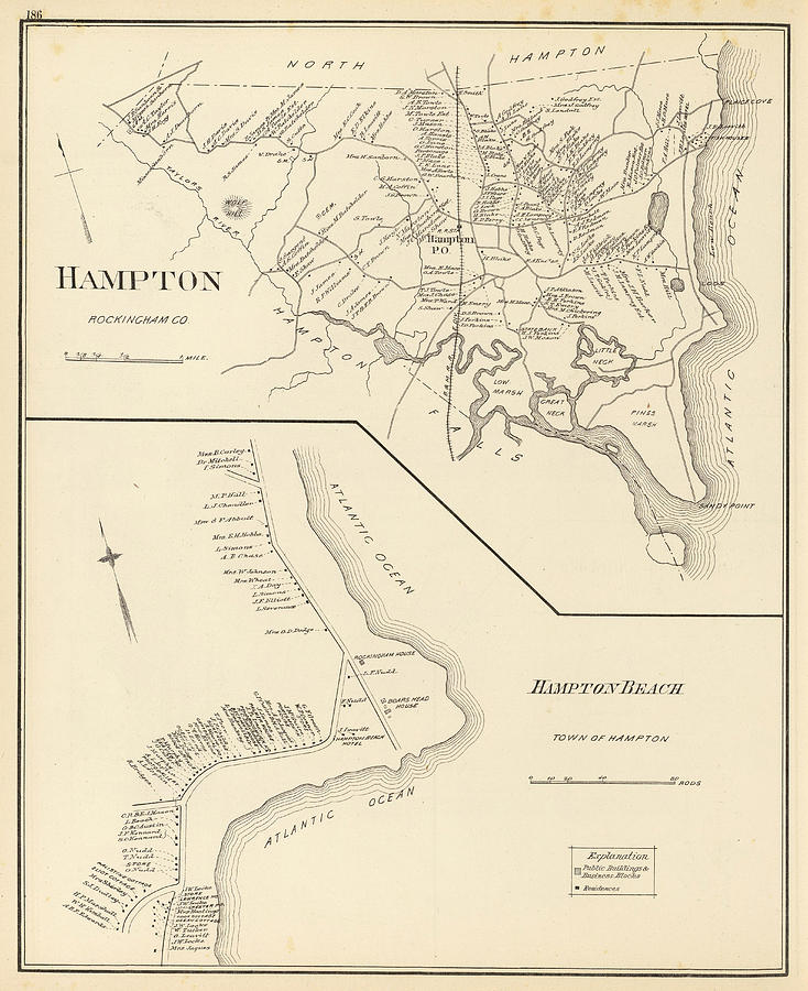 Vintage Map of Hampton Beach NH - 1892 Drawing by CartographyAssociates