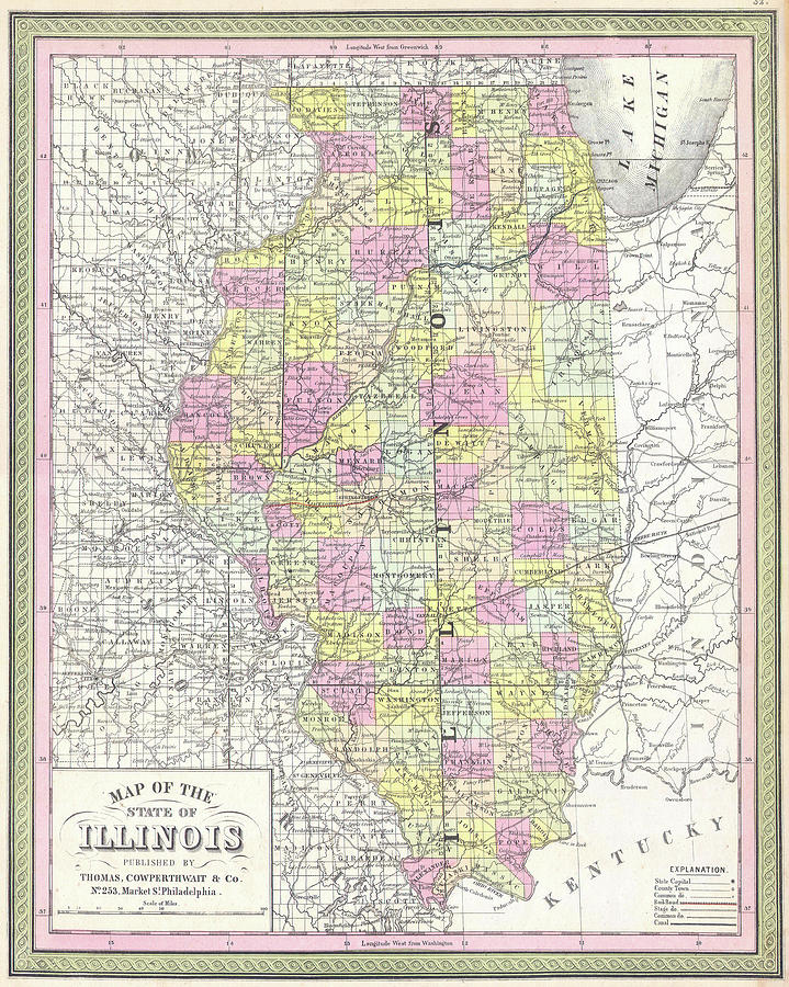 Vintage Map Of Illinois - 1850 Drawing