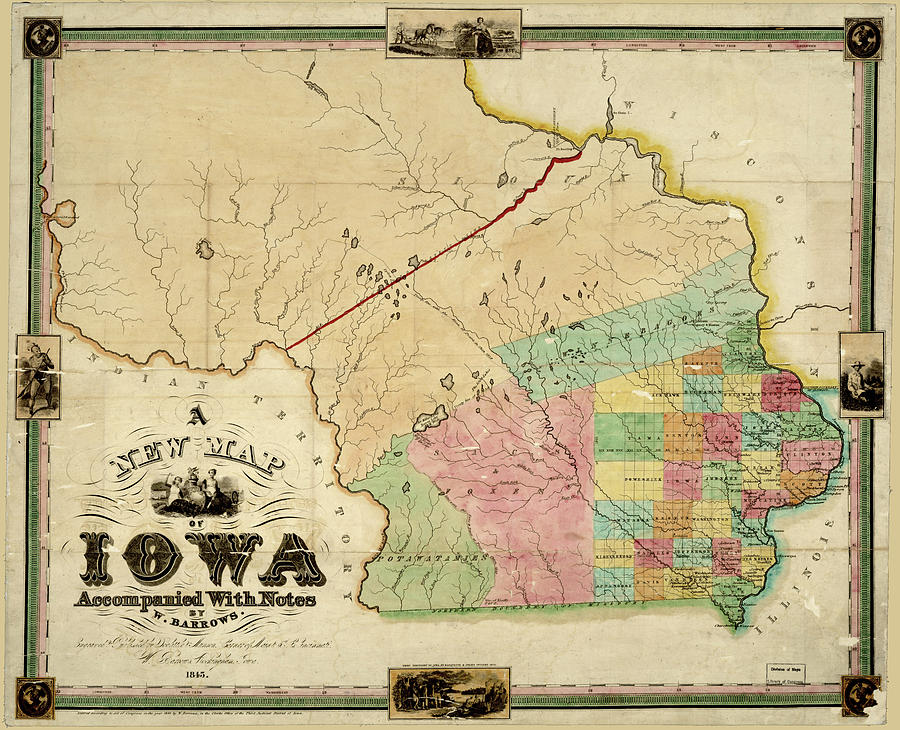 Vintage Map Of Iowa - 1845 Drawing