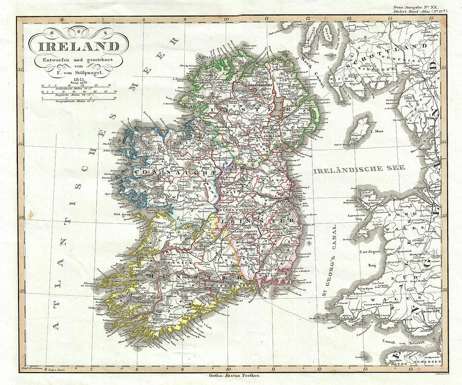 Vintage Map Of Ireland - 1841 Drawing
