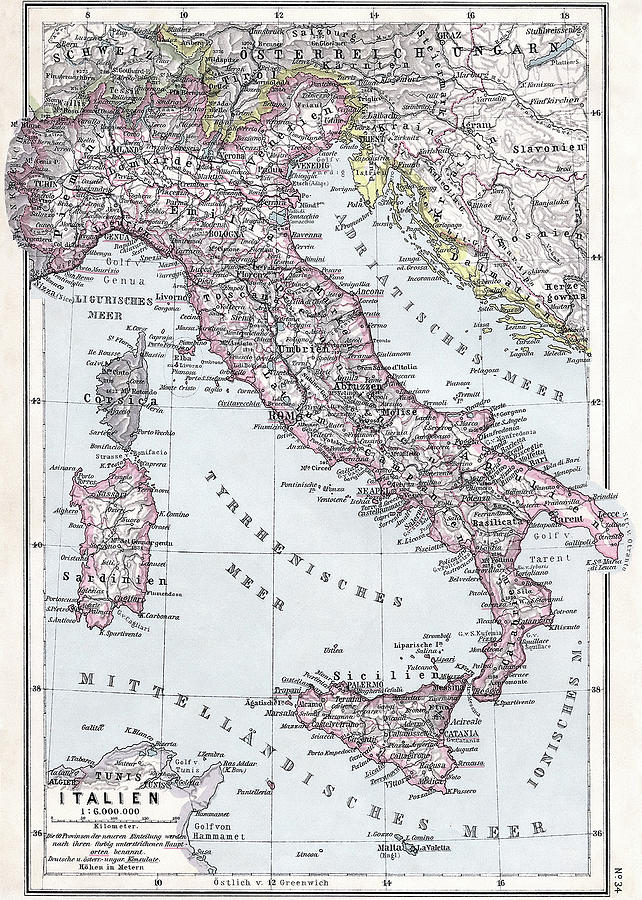 Vintage Map Of Italy - 1905 Drawing