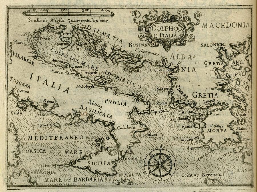 Vintage Map Of Italy And Greece - 1587 Drawing